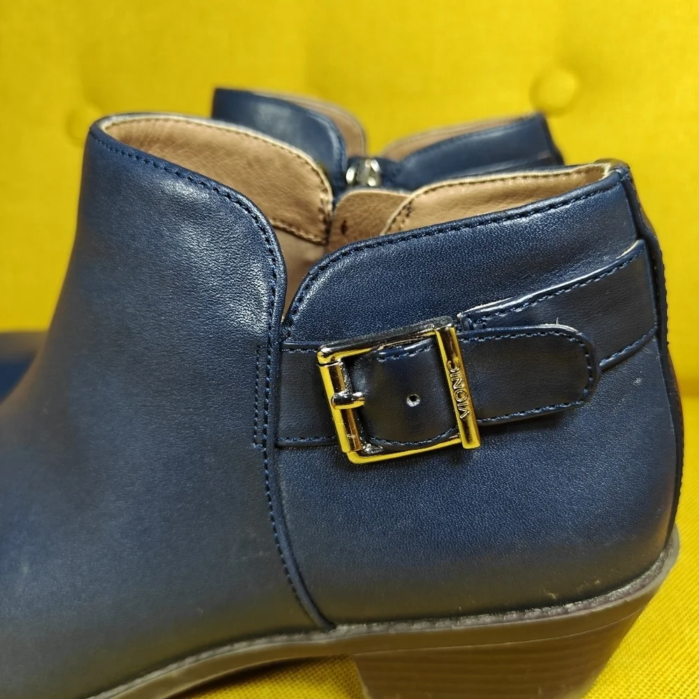 VIONIC Millie Zipper Navy Leather Ankle Comfort Boot Buckle Women's Shoe Sz 9.5